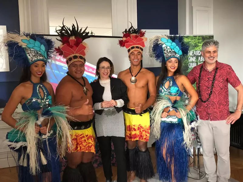Cook Islands team pictured with Her Excellency, Jane Coobs - New Zealand Ambassador to France